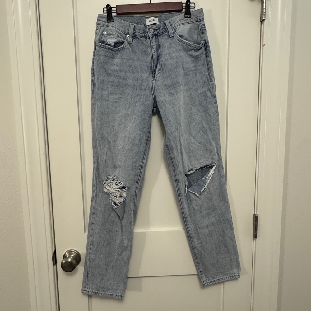 Pistola Light Blue Distressed Presley High Rise Relaxed Roller Jeans NWT 28x30